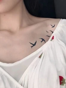 1pc Waterproof, Non-reflective Flying Swallow Temporary Tattoo Decal For Women's Arms, Chest, And Collarbone - Black - View 2