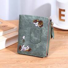 1個淺灰色貓咪刺繡pu皮革便攜式雙折扣卡通流行多卡片錢包手提袋,配有復古刺繡銀行卡套,適用於女孩 - 淺灰色 - 查看 7