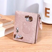 1個淺灰色貓咪刺繡pu皮革便攜式雙折扣卡通流行多卡片錢包手提袋,配有復古刺繡銀行卡套,適用於女孩 - 淺灰色 - 查看 4
