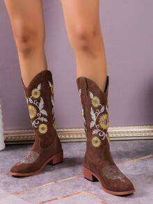 Botas Hasta La Rodilla Bordadas Marrones - Marrón - Ver 4