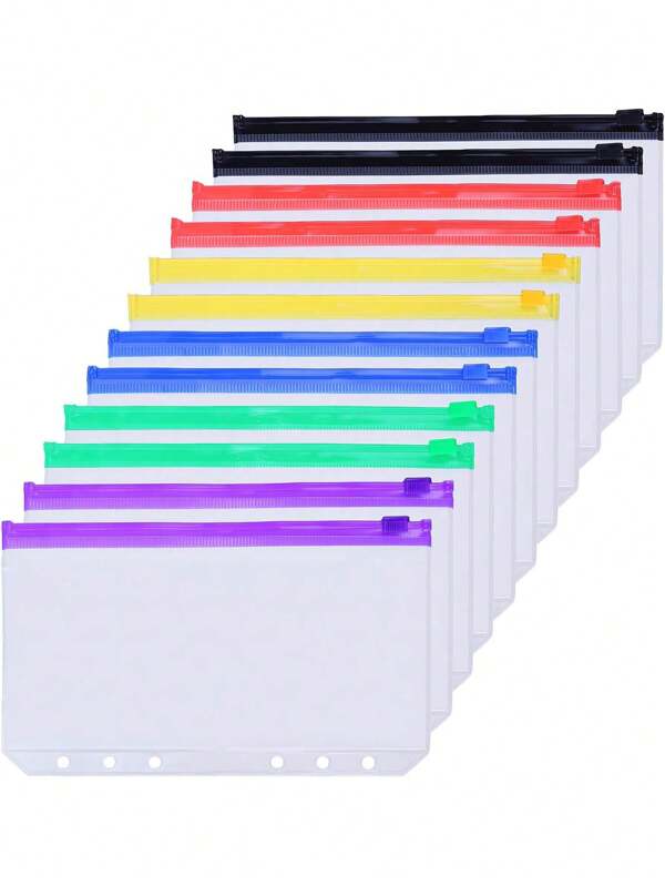 12pcs Zippered 3-Ring/6-Ring Binder Pockets, A5/A6/A7 Size, Multi-Color, Waterproof PVC File Folders For Notebooks Back To School,School Supplies