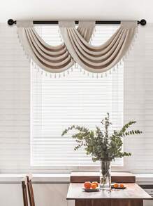 1pc Solid Color Coffee Color Curtain, Modern Short Curtain With Japanese & European Style Wave Pattern And Beige Tassel Design, Made Of Linen Blend Polyester Fabric, Suitable For Window And Door Decoration And Sunshade - Multicolor - View 2