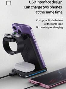 1入組黑色15w 5合1可摺疊式無線充電支架,帶夜燈、雙線圈可攜式手機充電座 - 黑色 - 查看 4