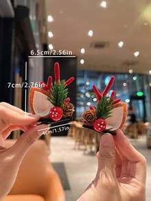 1 pereche de agrafe de păr roșu cu con de pin de Crăciun și corn de cerb, caciulă pentru petrecerea de vacanță de Crăciun, accesorii de păr cu coarne de ren drăguțe
