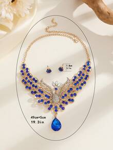 仿古合金孔雀彩鑽頸鍊耳環套裝，適合女孩、女人、婚禮、跳舞、派對、約會、節日裝飾、禮物 - 彩色 - 查看 10