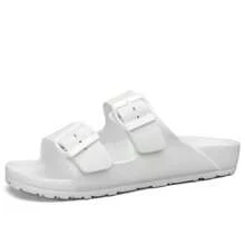 女士休闲EVA一体式搭扣套脚耐磨防滑塑料单条纹纯色平底舒适凉鞋，适合沙滩和居家穿着 - 白色 - 查看 2