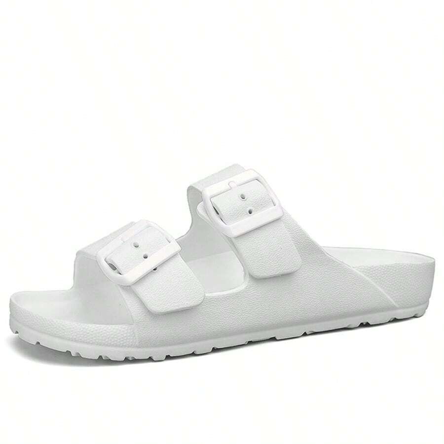 女士休闲EVA一体式搭扣套脚耐磨防滑塑料单条纹纯色平底舒适凉鞋，适合沙滩和居家穿着