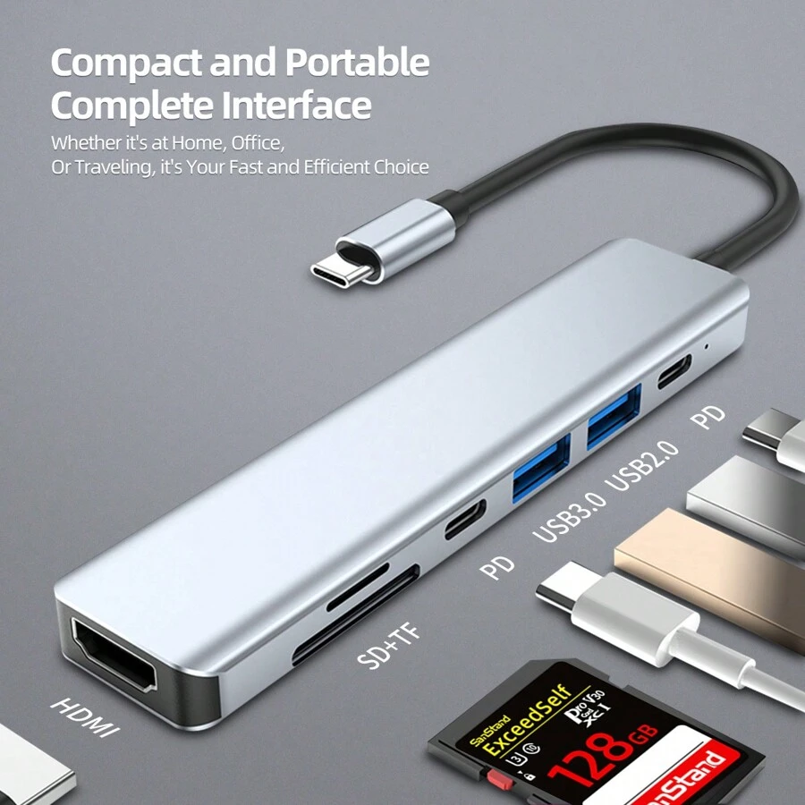 7個port Usbc集線器,超薄型上置式基座,1個usb 3.0 Port、1個sd/tf卡讀卡器、1個usb2.0、pd充電器(100w)&(4k@30hz),適用於macbook Pro 2022/2021/2020/2019,surface Book 2等 - 灰色 - 查看 1