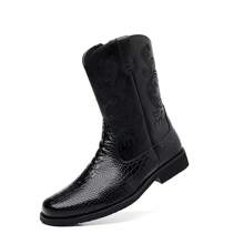 男士西方風格高幫刺繡靴子,鱷魚紋有圖案的流行冬天濃烈香調鞋 - 黑色 - 查看 1