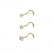1set/set Of 3 Tiny Stainless Steel Nose Studs With Delicate Shape & Cubic Zirconia Decoration - Gold - View 5