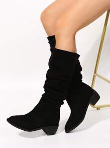 Women's All-Match Straight Tube High Boots With Thick Heels, Wide Leg And Glue-On Design. The Euorpean And American Style Solid Colored Boots Are Decorated With Wrinkled Retro Pointed-Toe Fashionable Boots - Black - View 4