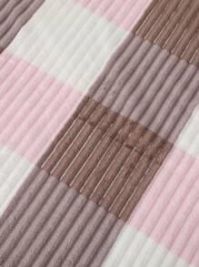 Soft Striped Double Blanket With Colorful Checkered Print - Soft Pale Pink - View 2