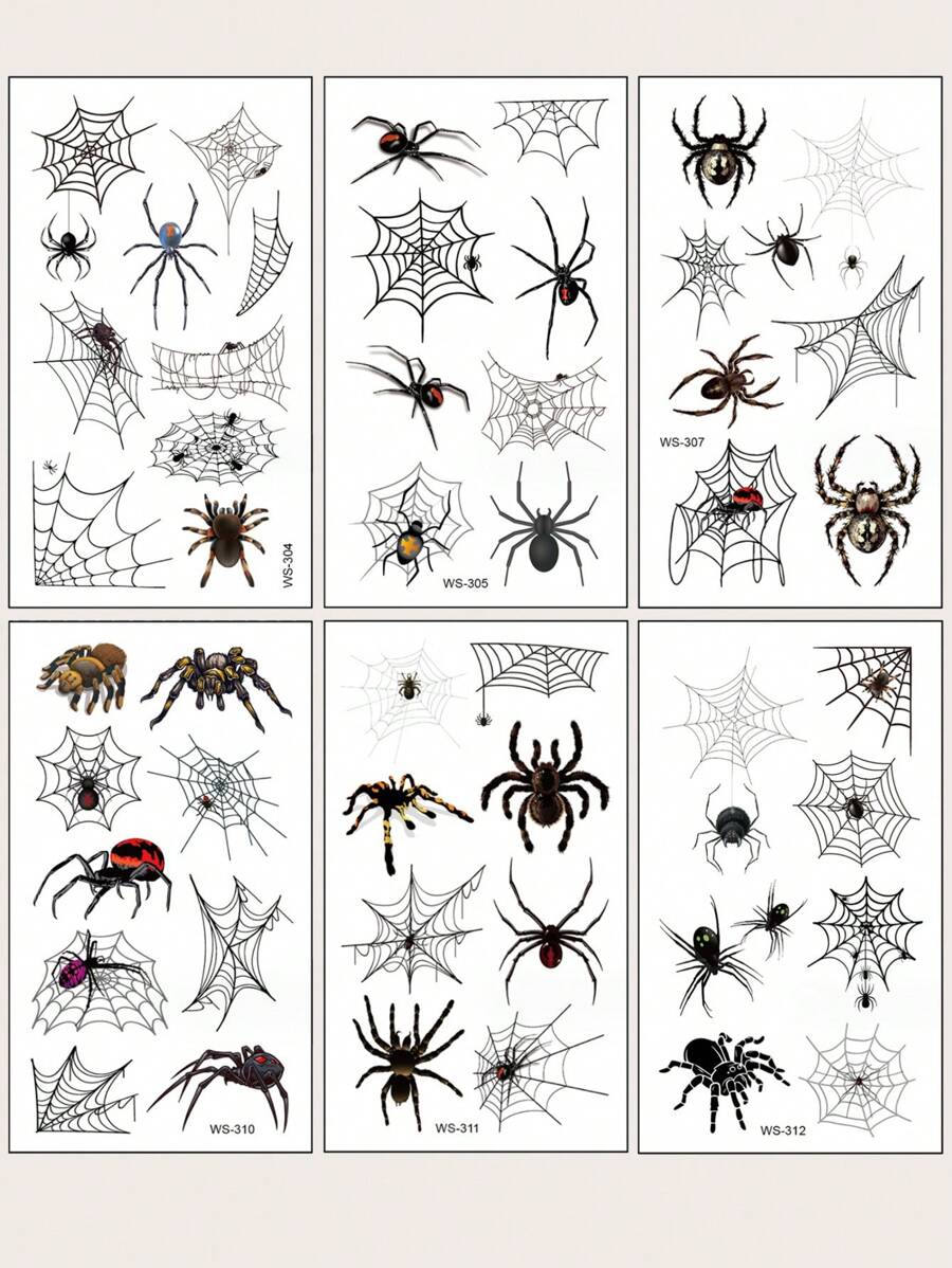 (6 Sheets/Pack) Halloween Temporary Tattoo Stickers - Waterproof, Sweatproof, Long Lasting, Realistic, Gothic, Personalized, Sexy Spider Web Design For Men And Women - Multicolor - View 1