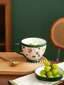 一個500毫升綠色山茶花早餐杯,山茶花早餐杯,帶蓋、湯匙、咖啡杯、高質感水杯、家用燕麥杯禮物的大容量陶瓷杯 - 綠色 - 查看 2