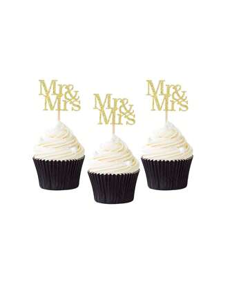 12 piezas de Decoración para Cupcakes Sr. y Sra. con Purpurina Dorada, Decoración para Cupcakes de Boda, Artículos para Fiestas de Despedida de Soltera, Navidad
