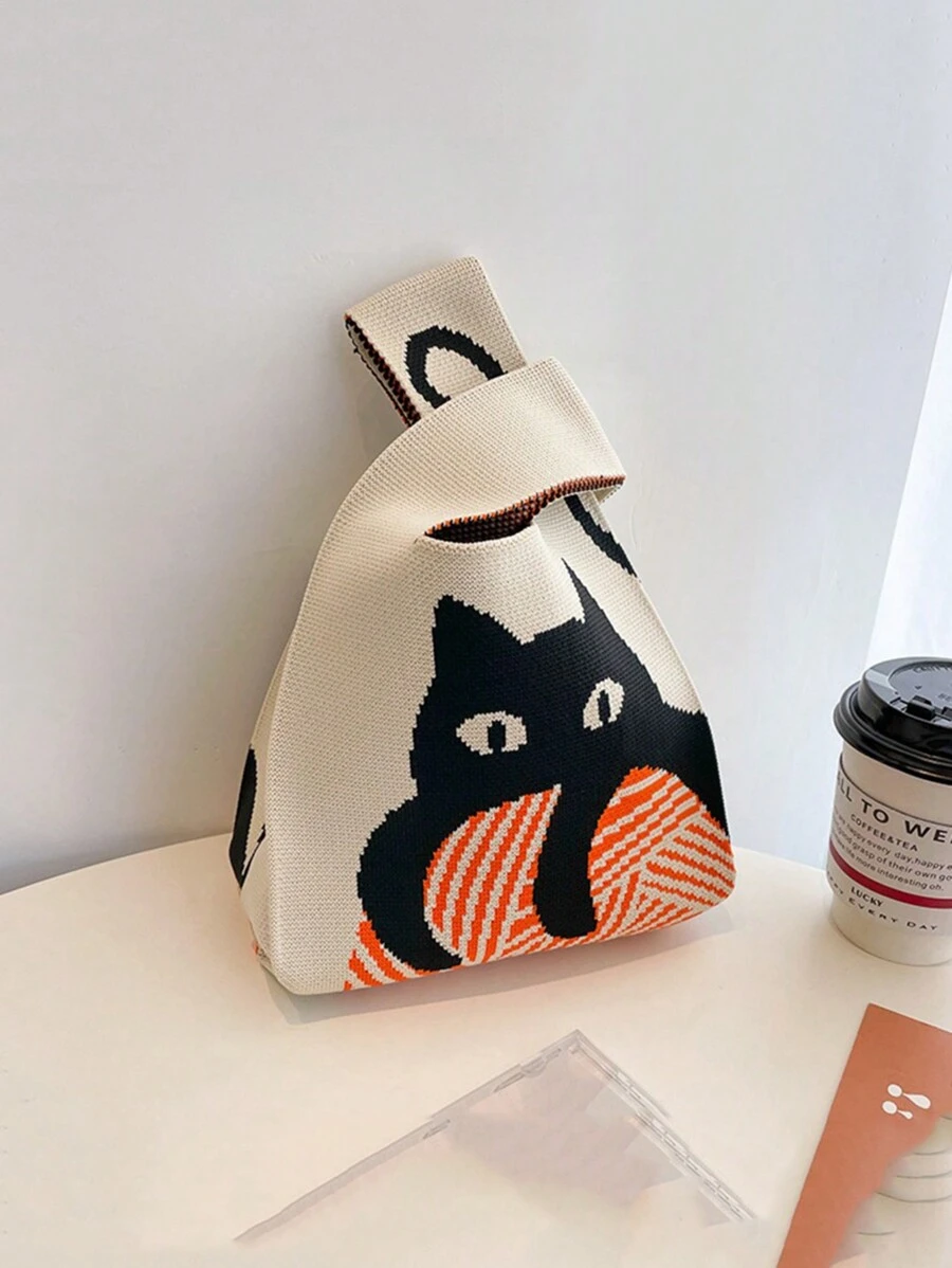 1pc Cartoon Cat Pattern Fashionable Knitted Bag - Multicolor - View 1
