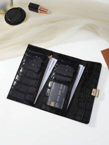 鳄鱼压纹折叠女士时尚现代商务超薄便携多功能大容量信用卡拉链身份证现金存储商务休闲完美学校大学工作商务通勤教师节返校假期办公室周年纪念日情人生日礼物女性白领大学生包学校用品宿舍和返校女士钱包钱包长钱包 - 黑色 - 查看 3