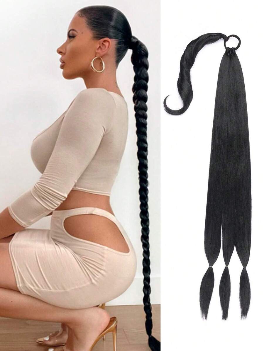 Long Braided Ponytail Extension with Hair Tie Straight Wrap Around Hair Extensions Ponytail Natural Soft Synthetic Hair Piece for Women Daily Wear