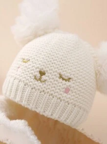 2 件裝白色 Y2k 風格兒童帽子套裝,帶 Pom Pom 針織帽 + 圍巾,日常通勤戶外冬季配飾 - 白色 - 查看 2
