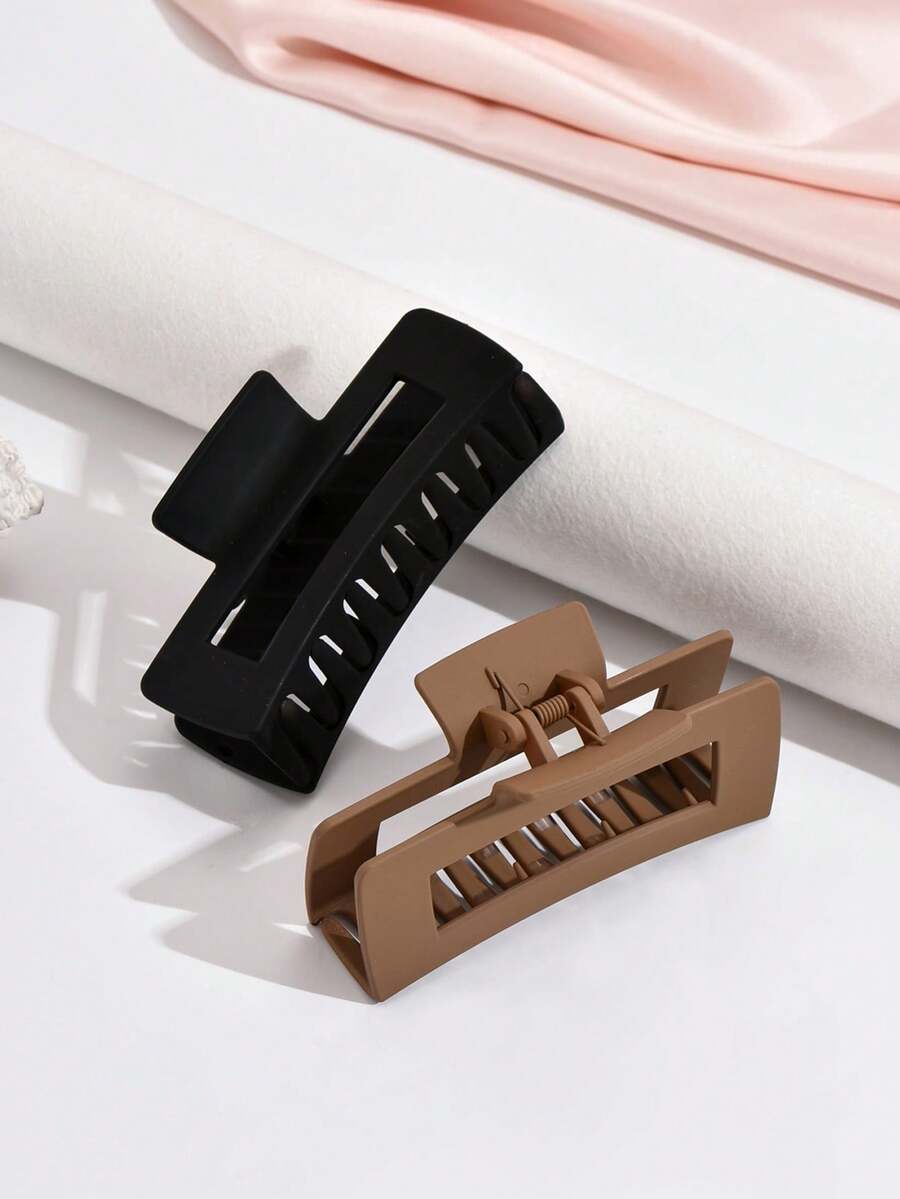 2/1pc Women Black Brown Khaki Square Big Size Lightweight Plastic Hair Claw Clips, Minimalist Fashion Versatile Daily Wear Hair Accessories - Multicolor - View 1