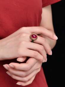 1 件復古奢華 925 純銀琺瑯可調節戒指,配有優雅的大紅色寶石,非常適合女士日常佩戴、晚宴或婚禮 - 酒紅色 - 查看 2