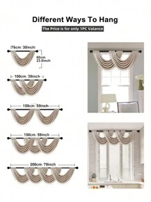 1pc Solid Color Coffee Color Curtain, Modern Short Curtain With Japanese & European Style Wave Pattern And Beige Tassel Design, Made Of Linen Blend Polyester Fabric, Suitable For Window And Door Decoration And Sunshade - Multicolor - View 3