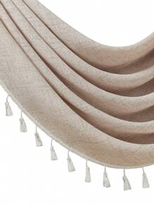 1pc Solid Color Coffee Color Curtain, Modern Short Curtain With Japanese & European Style Wave Pattern And Beige Tassel Design, Made Of Linen Blend Polyester Fabric, Suitable For Window And Door Decoration And Sunshade - Multicolor - View 7