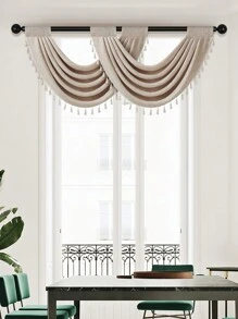 1pc Solid Color Coffee Color Curtain, Modern Short Curtain With Japanese & European Style Wave Pattern And Beige Tassel Design, Made Of Linen Blend Polyester Fabric, Suitable For Window And Door Decoration And Sunshade - Multicolor - View 5