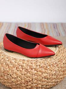 Zapatos planos de corte bajo para mujer con punta suave para otoño, zapatos de PU para la oficina y el trabajo diario - Rojo - Ver 4