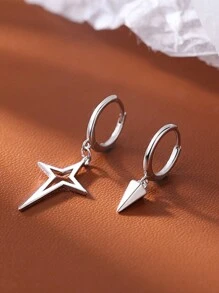 1对不锈钢不对称十字星耳环 - 女士时尚耳钉，独特垂坠耳环，简约奢华夹式耳环，单色简约耳环 - 銀色 - 查看 6