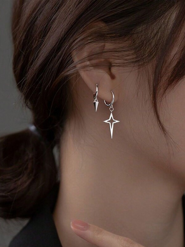 "A Pair of Stainless Steel Asymmetrical Cross Star Earrings - Cool Stud Earrings for Women, Unique Dangling Ear Drops, Minimalist Luxury Ear Cuffs, Minimalist Ear Accessories with Cold Tone"