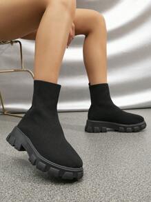 Botas Hasta El Tobillo De Punto Sólido Para Mujer De Otoño E Invierno Con Punta Redonda De Punto Negro, Botas De Tobillo De Punto Resistente En Color Sólido - Negro - Ver 1