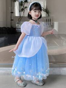 蓝色亮片圣诞派对优雅连衣裙，公主裙适合女孩生日派对、礼物、晚会、婚礼、节日庆典 - 藍色 - 查看 4