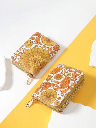 无缝橙色花卉图案春夏背景。手绘表面设计，花园花卉时尚印花拉链小钱包多卡位卡片收纳盒用于存储信用卡轻便多层便携式身份证钱包信用卡简约时尚现代商务周年纪念情人节礼物生日礼物女士礼物女孩礼物女士包学校用品学校宿舍和返校用品礼物教师礼物芙蓉返校用品