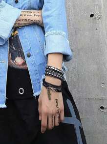 Bracelet De Cosplay Lolita Harajuku Japonais, Bracelet en PU Masculin-féminin Cool À Rivets Punk Rock, Chaîne Noire Et Métal Pour Couple Décoratif Branché Et À La Mode