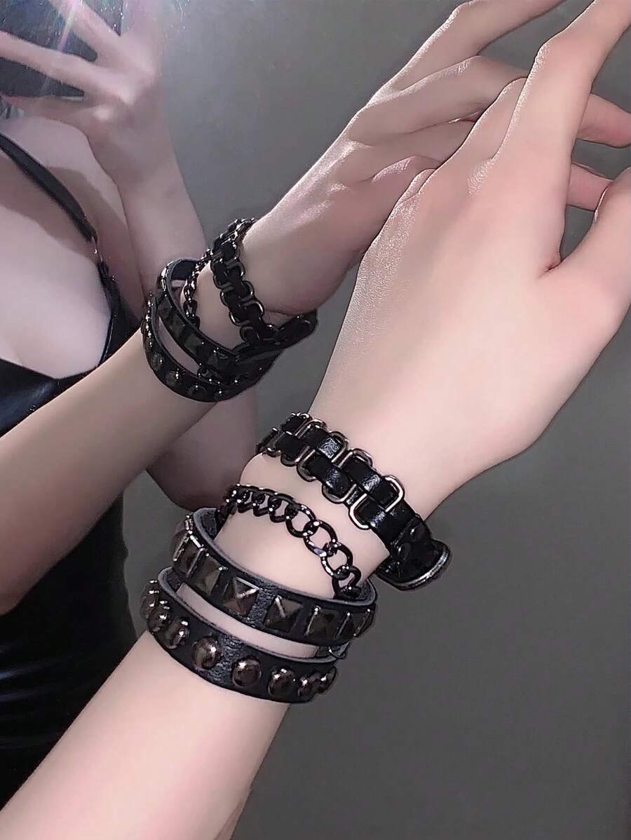 Bracelet De Cosplay Lolita Harajuku Japonais, Bracelet en PU Masculin-féminin Cool À Rivets Punk Rock, Chaîne Noire Et Métal Pour Couple Décoratif Branché Et À La Mode