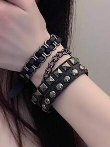 Bracelet De Cosplay Lolita Harajuku Japonais, Bracelet en PU Masculin-féminin Cool À Rivets Punk Rock, Chaîne Noire Et Métal Pour Couple Décoratif Branché Et À La Mode