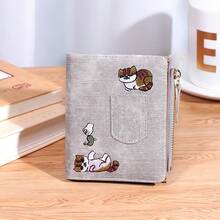 1個淺灰色貓咪刺繡pu皮革便攜式雙折扣卡通流行多卡片錢包手提袋,配有復古刺繡銀行卡套,適用於女孩 - 淺灰色 - 查看 1