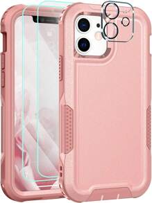 Pink Heavy-Duty Triple Layer Hybrid Material Combination Phone Case Compatible With Apple Iphone, Including 1 Tempered Glass Screen Protector And 1 Camera Lens Protector - Rose Gold - View 1
