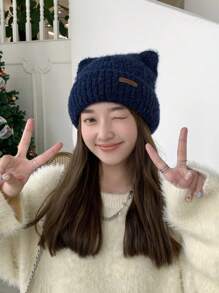 1頂女式針織帽,配有皮革標籤和耳朵細節,粉色休閒毛絨帽,適用於冬季日常使用,可愛 - 粉色 - 查看 5