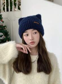 1頂女式針織帽,配有皮革標籤和耳朵細節,粉色休閒毛絨帽,適用於冬季日常使用,可愛 - 粉色 - 查看 4