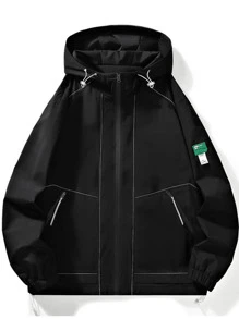 男士户外防风夹克，运动夹克，带拉链口袋的防风外套 - 黑色 - 查看 2