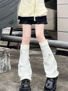 1雙女孩素色和裝飾闊腿針織襪子有孔,合適適合春天,秋天和冬天 - 白色 - 查看 4