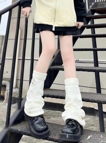 1雙女孩素色和裝飾闊腿針織襪子有孔,合適適合春天,秋天和冬天 - 白色 - 查看 5