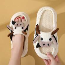 Women's Cute Cow Open Toe Indoor Slippers, Soft And Cozy Home Slippers For Summer In White - White - View 5
