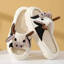 Women's Cute Cow Open Toe Indoor Slippers, Soft And Cozy Home Slippers For Summer In White - White - View 2