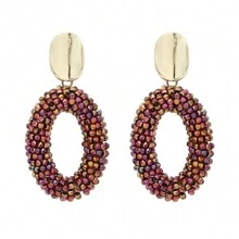 1 đôi bông tai hình bầu dục đính cườm thời trang cho phụ nữ để trang trí hàng ngày - Màu be - Xem 1