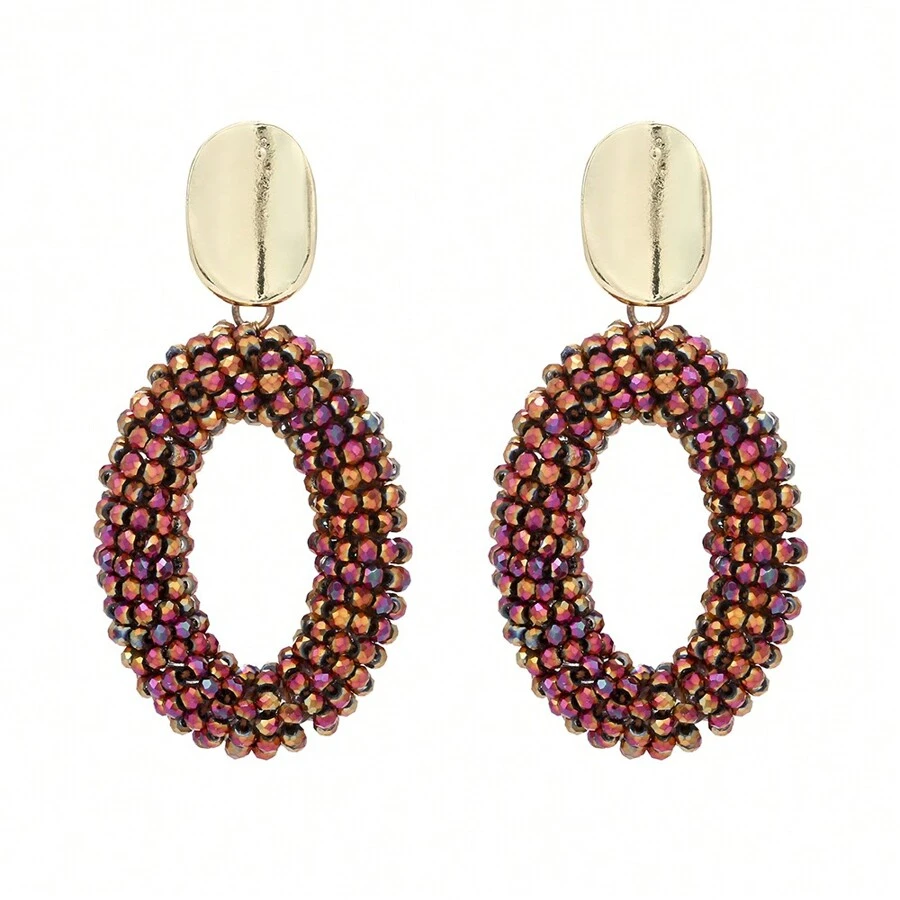 1 đôi bông tai hình bầu dục đính cườm thời trang cho phụ nữ để trang trí hàng ngày - Màu be - Xem 1