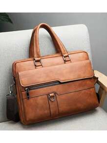 多层加厚大容量双手柄拉链半覆盖 PU 皮革文件 14 英寸电脑公文包，适合旅行、工作、官方文件和计算机多功能万圣节圣诞节尖叫文件包笔记本电脑包拉链包感恩节钱包节日包手提包斜挎包复古优质皮革公文包皮革手提包复古趣味礼物笔记本电脑包男士旅行礼物 - 卡其色 - 查看 2