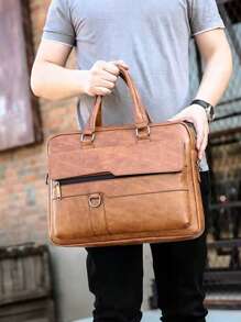 多层加厚大容量双手柄拉链半覆盖 PU 皮革文件 14 英寸电脑公文包，适合旅行、工作、官方文件和计算机多功能万圣节圣诞节尖叫文件包笔记本电脑包拉链包感恩节钱包节日包手提包斜挎包复古优质皮革公文包皮革手提包复古趣味礼物笔记本电脑包男士旅行礼物 - 卡其色 - 查看 1